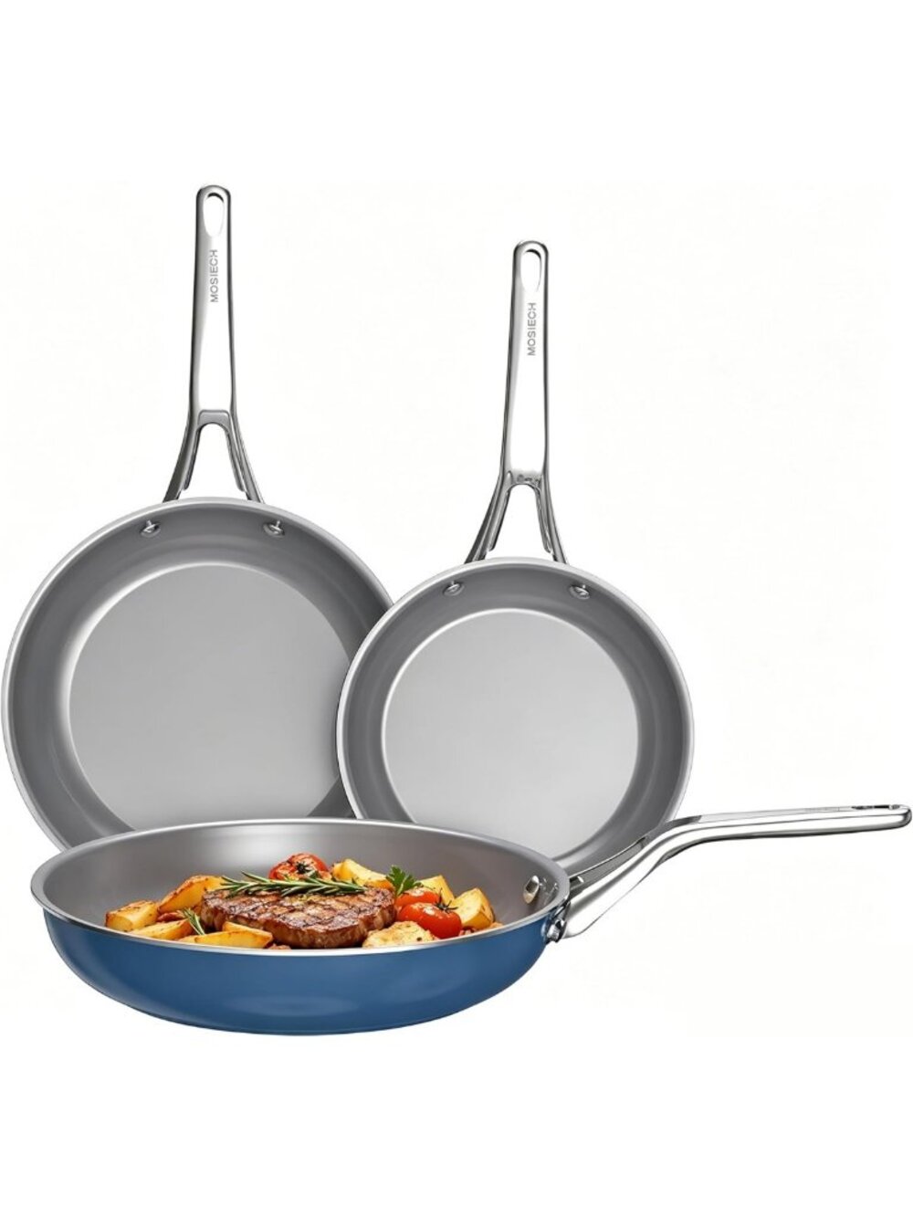 3-Piece Nonstick Ceramic Frying Pan Set - Induction Cookware, Blue Kitchen